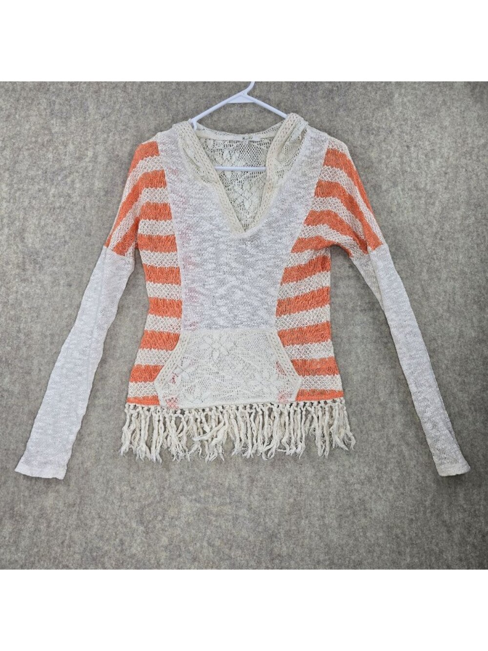 Miss Me Women Crochet Fringe Knit Hoodie Orange & Cream Striped Lightweight Boho